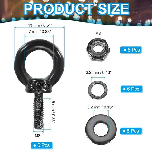 Patikil M3x9mmm رفع البراغي عين الكتف ، 6pcs 304 رفع الفولاذ المقاوم للصدأ حلقة خيوط متمة مع قفل السداسي الجوز/غسالة قفل/مسطح لتعليق مواد أرجوحة ، أسود in Kuwait