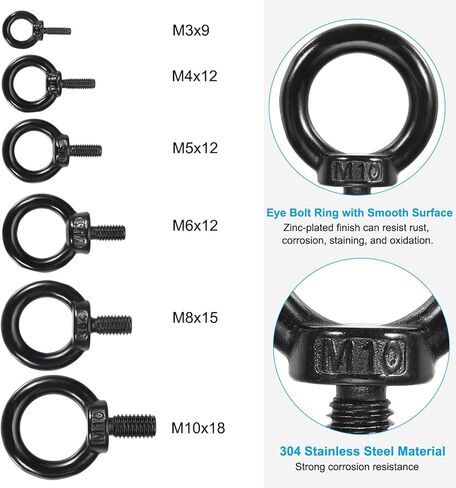Patikil M3x9mmm رفع البراغي عين الكتف ، 6pcs 304 رفع الفولاذ المقاوم للصدأ حلقة خيوط متمة مع قفل السداسي الجوز/غسالة قفل/مسطح لتعليق مواد أرجوحة ، أسود in Kuwait