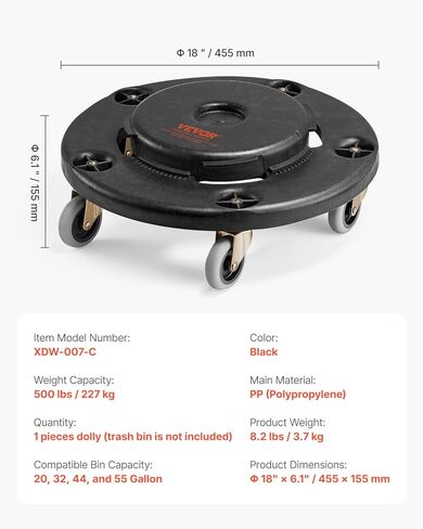 VEVOR Trash Can Dolly, Fit 20, 32, 44, 55 Gallon Containers, Round Trash Can Roller Base with 4 Lockable Wheels, 500lbs Weight Capacity, Heavy Duty Barrel Dolly, Multi-Functional Rolling Cart in Saudi Arabia