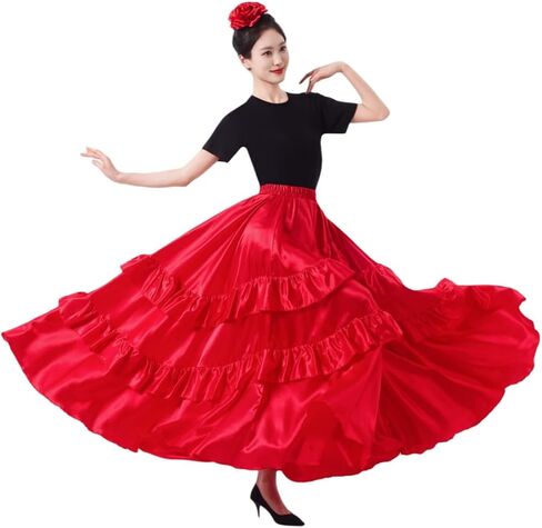 SANCAN Double Ruffle Long Full Maxi Skirt for Women Folklorico Practice Mexican Flamenco Classical Dance Performance Costume in Saudi Arabia
