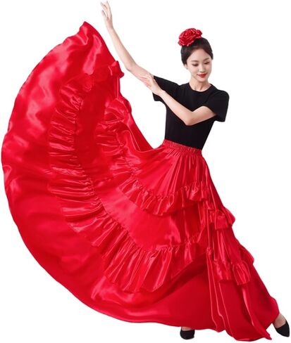 SANCAN Double Ruffle Long Full Maxi Skirt for Women Folklorico Practice Mexican Flamenco Classical Dance Performance Costume in Saudi Arabia