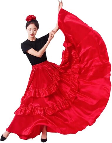 SANCAN Double Ruffle Long Full Maxi Skirt for Women Folklorico Practice Mexican Flamenco Classical Dance Performance Costume in Saudi Arabia