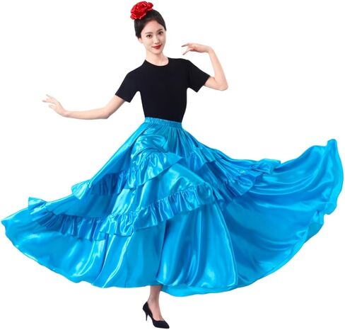 SANCAN Double Ruffle Long Full Maxi Skirt for Women Folklorico Practice Mexican Flamenco Classical Dance Performance Costume in Saudi Arabia