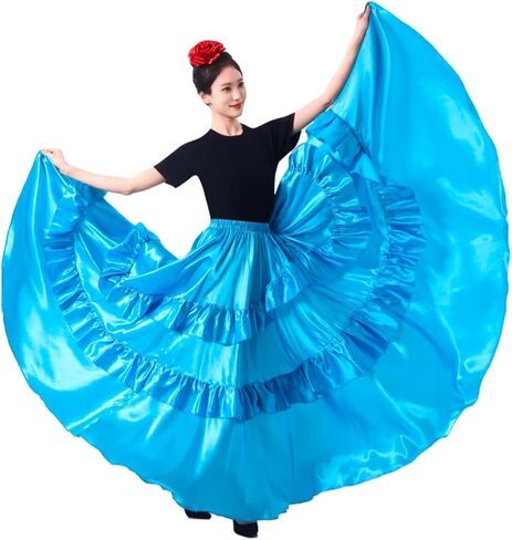 SANCAN Double Ruffle Long Full Maxi Skirt for Women Folklorico Practice Mexican Flamenco Classical Dance Performance Costume in Saudi Arabia