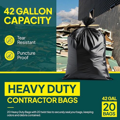 Contractor Bags 42 Gallon (20 PACK/w TIES), 3 MIL Thick Large Black Heavy Duty Industrial Garbage Trash Bags for Professional Construction and Commercial Use in Saudi Arabia