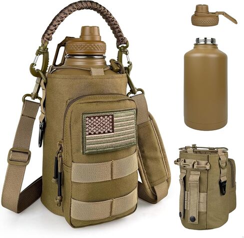 Half Gallon Water Bottle Insulated with Sleeve - Tactical 64 oz Stainless Steel Water Jug with MOLLE Water Bottle Pouch, Gym Water Bottles for Men Hiking Workout (Brown) in Kuwait