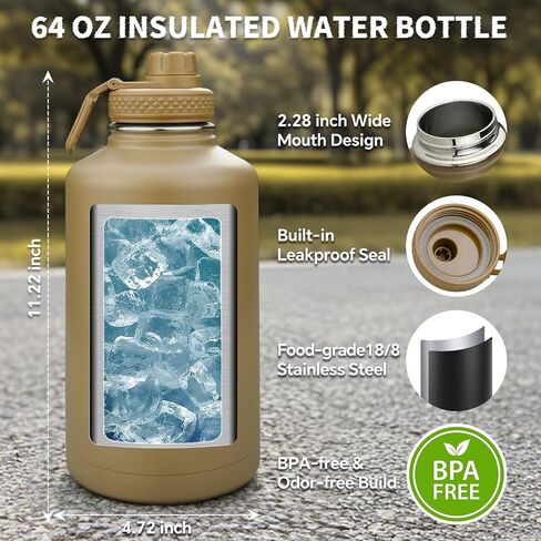 Half Gallon Water Bottle Insulated with Sleeve - Tactical 64 oz Stainless Steel Water Jug with MOLLE Water Bottle Pouch, Gym Water Bottles for Men Hiking Workout (Brown) in Kuwait