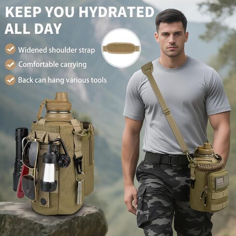 Half Gallon Water Bottle Insulated with Sleeve - Tactical 64 oz Stainless Steel Water Jug with MOLLE Water Bottle Pouch, Gym Water Bottles for Men Hiking Workout (Brown) in Kuwait