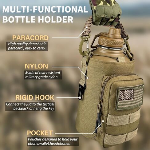 Half Gallon Water Bottle Insulated with Sleeve - Tactical 64 oz Stainless Steel Water Jug with MOLLE Water Bottle Pouch, Gym Water Bottles for Men Hiking Workout (Brown) in Kuwait