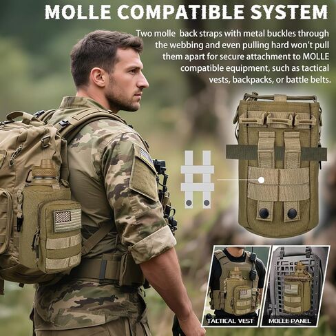 Half Gallon Water Bottle Insulated with Sleeve - Tactical 64 oz Stainless Steel Water Jug with MOLLE Water Bottle Pouch, Gym Water Bottles for Men Hiking Workout (Brown) in Kuwait