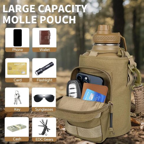 Half Gallon Water Bottle Insulated with Sleeve - Tactical 64 oz Stainless Steel Water Jug with MOLLE Water Bottle Pouch, Gym Water Bottles for Men Hiking Workout (Brown) in Kuwait