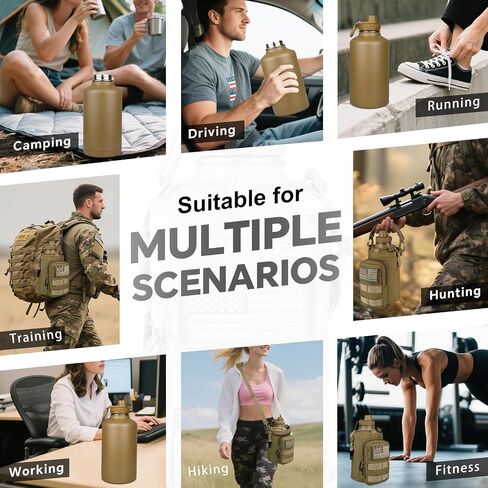 Half Gallon Water Bottle Insulated with Sleeve - Tactical 64 oz Stainless Steel Water Jug with MOLLE Water Bottle Pouch, Gym Water Bottles for Men Hiking Workout (Brown) in Kuwait