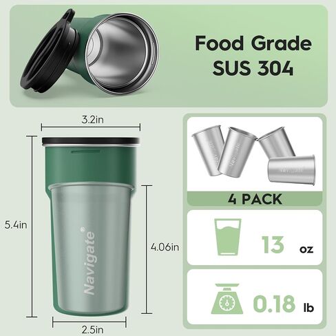 Navigate Stainless Steel Cups 13oz, Stackable Metal Beer Pint Cup Drinking Cups, Stainless Steel Portable Tumbler, Party, Camping, Outdoor Indoor, Green(4 Pack) in Saudi Arabia