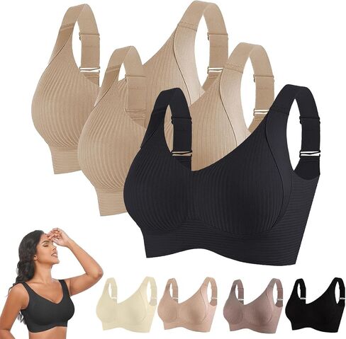 Sentdream Bra 3 Pack Seamless Bras for Women 2025 Push Up Adjustable Cozy Ribbed Wireless Full Support Sports Bra in Saudi Arabia