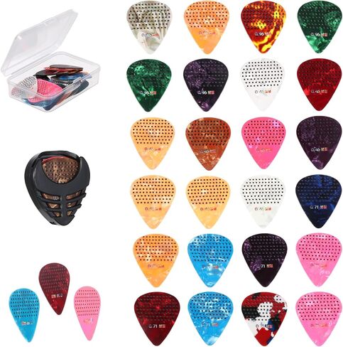 24 Pack Non-slip Guitar Picks, 0.46 0.71 0.96mm Thin Medium Heavy Thickness Variety Colorful Celluloid Plectrums with Picks Holder and Organizer Storage Case for Electric Acoustic Bass Ukulele in Saudi Arabia