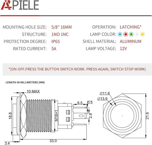 apilee 16mm دفع زر التبديل إغلاق 12 فولت على قذيفة من الألومنيوم مع LED ، غطاء مستدير عالي المقاومة للماء لثقب التثبيت 0.63 بوصة مع قابس سلك سلك (قذيفة سوداء/أبيض) in Kuwait