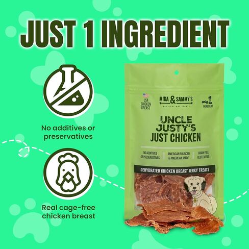 Gourmet Jerky Dog Treats - Natural Dog Treat Chicken Jerky for Dogs, Nutritious and Tasty Dog Jerky Treats Made in USA only, Cage-Free Chicken, No Additives(Mika & Sammy's Unlcle Justy's 5 oz) in Kuwait
