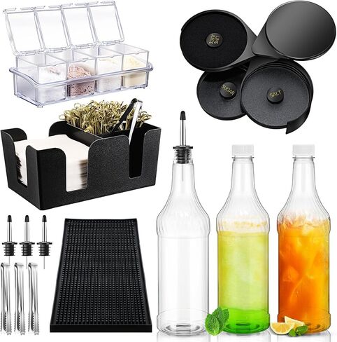 دندات 15 PCS بار ملحقات العلبة 32 أوقية البلاستيك زجاجات طويلة الرقبة مع سرعات الصبغات spouts كبسولات بار الزجاج RIMMER صينية البار البلاستيكية accsities store و dorp منظم للبار in Kuwait