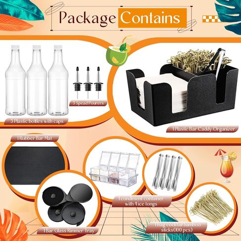 دندات 15 PCS بار ملحقات العلبة 32 أوقية البلاستيك زجاجات طويلة الرقبة مع سرعات الصبغات spouts كبسولات بار الزجاج RIMMER صينية البار البلاستيكية accsities store و dorp منظم للبار in Kuwait