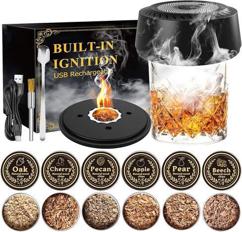 طقم مدخن من الويسكي مع أدوات تدخين كوكتيل كهربائية مدمجة ، طقم تدخين كوكتيل قابلة لإعادة الشحن للمشروبات القديمة ، 6 رقائق خشبية طبيعية ، لا تحتاج إلى هدية فريدة من نوعها للرجال ، أبي ، زوج in Kuwait