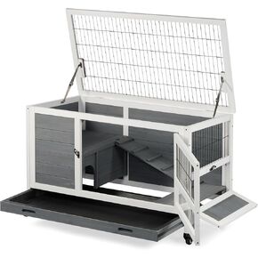 Outdoor Indoor Rabbit Hutch Bunny Cage, Guinea Pig Cages with Wheel & Plastic Tray, Wooden Small Pet House in Kuwait