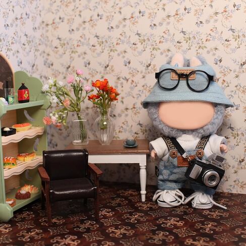 6 Piece 17cm Doll Clothes, Outfit Set with Accessories for 17cm Dolls, Denim Style Outfit Set with T-Shirt + Denim Overalls + Canvas Sneakers + Denim Hat + Mini Camera + Glasses, No Doll Included in Saudi Arabia