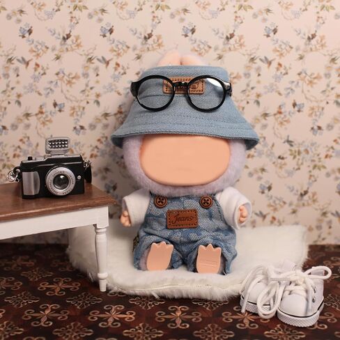 6 Piece 17cm Doll Clothes, Outfit Set with Accessories for 17cm Dolls, Denim Style Outfit Set with T-Shirt + Denim Overalls + Canvas Sneakers + Denim Hat + Mini Camera + Glasses, No Doll Included in Saudi Arabia