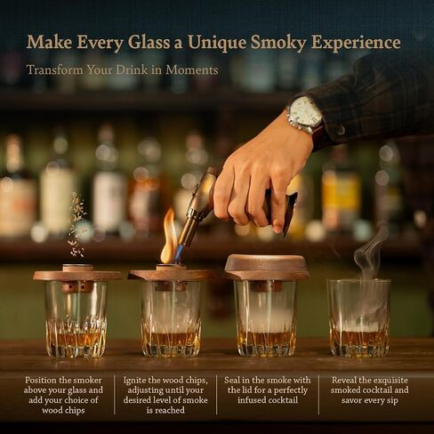 Cocktail Whiskey Smoker Kit with Torch, Wooden Box & Stand | Premium USA Walnut Smoker & 4 Flavors Natural Wood Chips | Old Fashioned Smoker Kit | Bourbon Gifts for Men in Saudi Arabia
