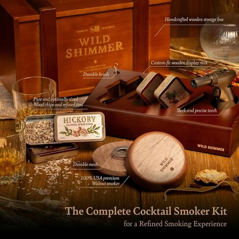 Cocktail Whiskey Smoker Kit with Torch, Wooden Box & Stand | Premium USA Walnut Smoker & 4 Flavors Natural Wood Chips | Old Fashioned Smoker Kit | Bourbon Gifts for Men in Saudi Arabia