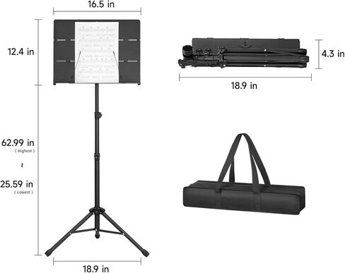 Portable Sheet Music Stand - 2 in 1 Dual-Use Folding Music Stand & Desktop Book Stand with Carrying Bag, Tri-fold Panel Metal Holder Adjustable Height with Music Sheet Clip Holder in Kuwait