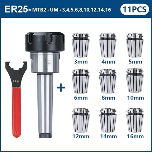 ER25 Spring Collet 3-16mm with UM Type ER Nut Wrench and MTB2/MTB3/MTB4/MTA2/MTA3/MTA4 Morse Taper Lathe Holder 1Set(11PCS MTA4 Set) in Saudi Arabia
