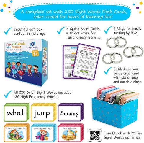 250 Sight Words Flash Cards for Kindergarten with Pictures, Dolch Sight Words Pre-K for Toddlers 3 4 5 6 7 8 Years, High Frequency Words Reading Cards for Kids Ages 4-8, Preschool - Simply Magic in Saudi Arabia
