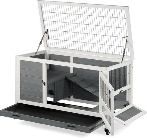 Outdoor Indoor Rabbit Hutch Bunny Cage, Guinea Pig Cages with Wheel & Plastic Tray, Wooden Small Pet House in Kuwait
