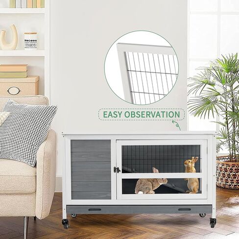 Outdoor Indoor Rabbit Hutch Bunny Cage, Guinea Pig Cages with Wheel & Plastic Tray, Wooden Small Pet House in Kuwait