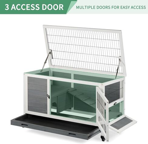 Outdoor Indoor Rabbit Hutch Bunny Cage, Guinea Pig Cages with Wheel & Plastic Tray, Wooden Small Pet House in Kuwait