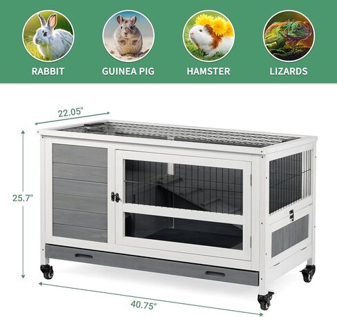 Outdoor Indoor Rabbit Hutch Bunny Cage, Guinea Pig Cages with Wheel & Plastic Tray, Wooden Small Pet House in Kuwait