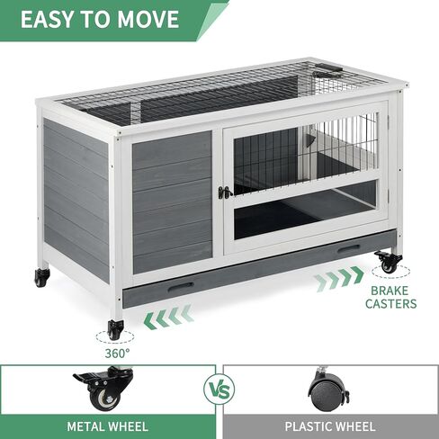 Outdoor Indoor Rabbit Hutch Bunny Cage, Guinea Pig Cages with Wheel & Plastic Tray, Wooden Small Pet House in Kuwait