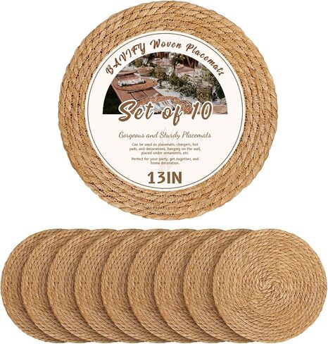 13 in Round Woven Placemats Plate Chargers Set of 10, Boho Farmhouse Rustic Woven Place Mats for Dining Table Decor, Rattan Wicker Table Mats Jute Braided Chargers for Dinner Plates in Saudi Arabia