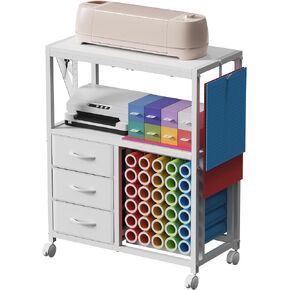 30 Vinyl Roll Holders for Cricut Cart, Rolling Craft Cart with 3 Fabric Drawer, Craft Organization and Storage Compatible with Cricut Maker Machine, Crafting Table Workstation, White, Patent Pending in Kuwait