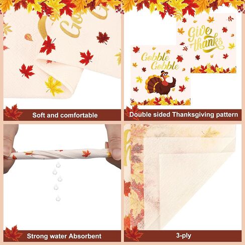 100PCS Thanksgiving Cocktail Napkins 5" x 5" Turkey Maple Leaves Paper Napkins 3-Ply Double Sided Pattern Disposable Beverage Napkin for Thanksgiving Autumn Harvest Party Supplies Dinner Table Decor in Saudi Arabia