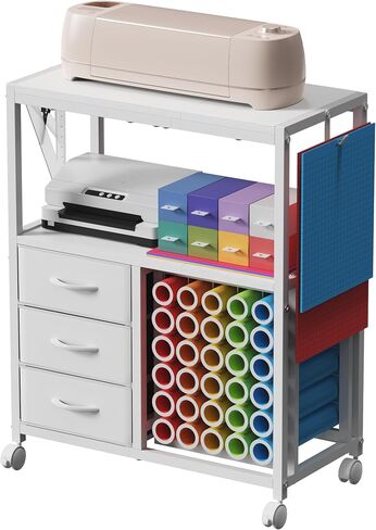 30 Vinyl Roll Holders for Cricut Cart, Rolling Craft Cart with 3 Fabric Drawer, Craft Organization and Storage Compatible with Cricut Maker Machine, Crafting Table Workstation, White, Patent Pending in Kuwait