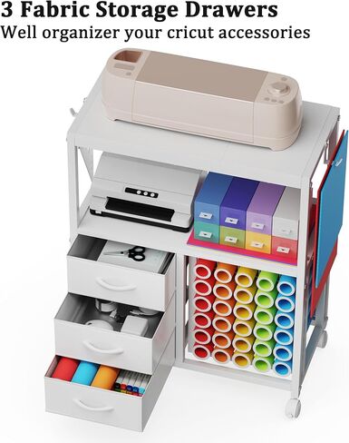 30 Vinyl Roll Holders for Cricut Cart, Rolling Craft Cart with 3 Fabric Drawer, Craft Organization and Storage Compatible with Cricut Maker Machine, Crafting Table Workstation, White, Patent Pending in Kuwait