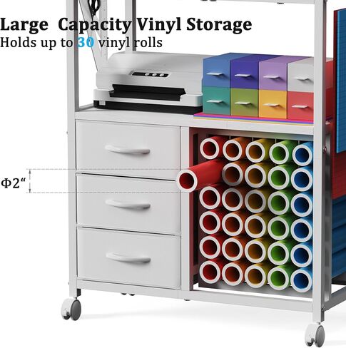 30 Vinyl Roll Holders for Cricut Cart, Rolling Craft Cart with 3 Fabric Drawer, Craft Organization and Storage Compatible with Cricut Maker Machine, Crafting Table Workstation, White, Patent Pending in Kuwait