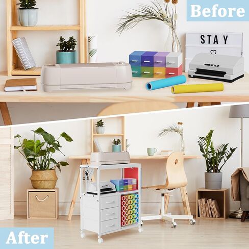 30 Vinyl Roll Holders for Cricut Cart, Rolling Craft Cart with 3 Fabric Drawer, Craft Organization and Storage Compatible with Cricut Maker Machine, Crafting Table Workstation, White, Patent Pending in Kuwait