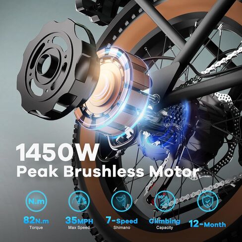 Electric Bike for Adults, 20"x 4" Fat Tire 35MPH Ebike, 1450W Peak Commute Bike with 48V 20AH Removable 960WH Battery, 80 Miles Max Range 7-Speed Dual Disc Brake 2 Seat Electric Bicycle in Kuwait