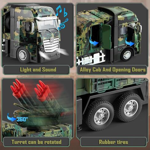 Military Toys for Boys, Army Vehicle Toys with Rotatable Turret, Missile Truck with Light & Sound, Pull Back Army Truck Gift for 3 4 5 6 7 8 Year Old Boys in Kuwait