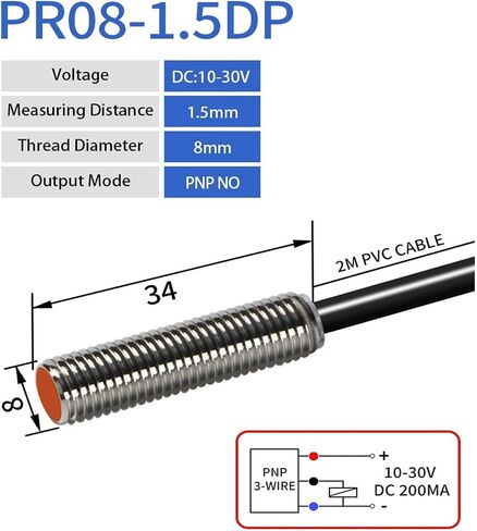 M8 استشعار القرب الاستقرائي مفتاح مستشعر 12-24V DC القصير النوع Flush PR08-1.5DN PR08-1.5DP NPN PNP مسافة 1.5 مم (PR08-1.5DN2) in Kuwait