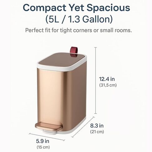 Small Bathroom Trash Can with Lid Soft Close, 5L/1.3 Gallon Slim Gold Step Garbage Can with Removable Inner Bucket, Anti-Fingerprint Stainless Steel Waste Bin for Bathroom, Toilet, RV in Kuwait