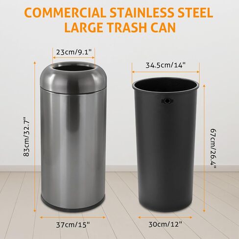 WICHEMI 16 Gallon Commercial Large Trash Can, Bullet Outdoor Trash Bin with Open Top Lid, Brushed Stainless Steel Garbage Can, Silver in Saudi Arabia