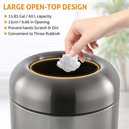 WICHEMI 16 Gallon Commercial Large Trash Can, Bullet Outdoor Trash Bin with Open Top Lid, Brushed Stainless Steel Garbage Can, Silver in Saudi Arabia